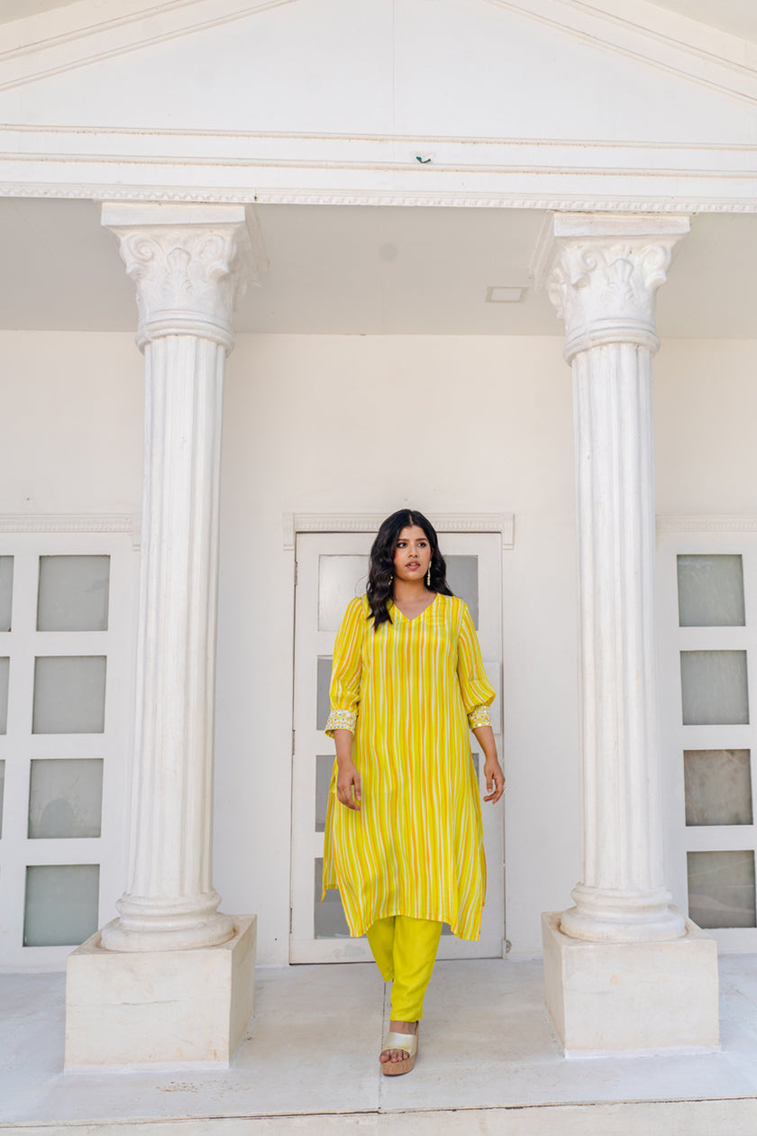 Lime Green Striped Printed Kurta Set