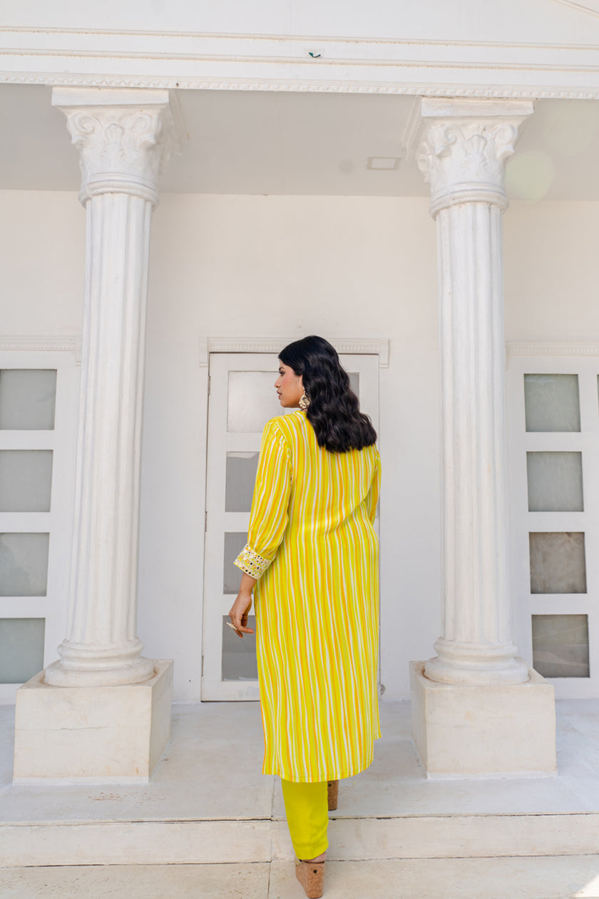 Lime Green Striped Printed Kurta Set