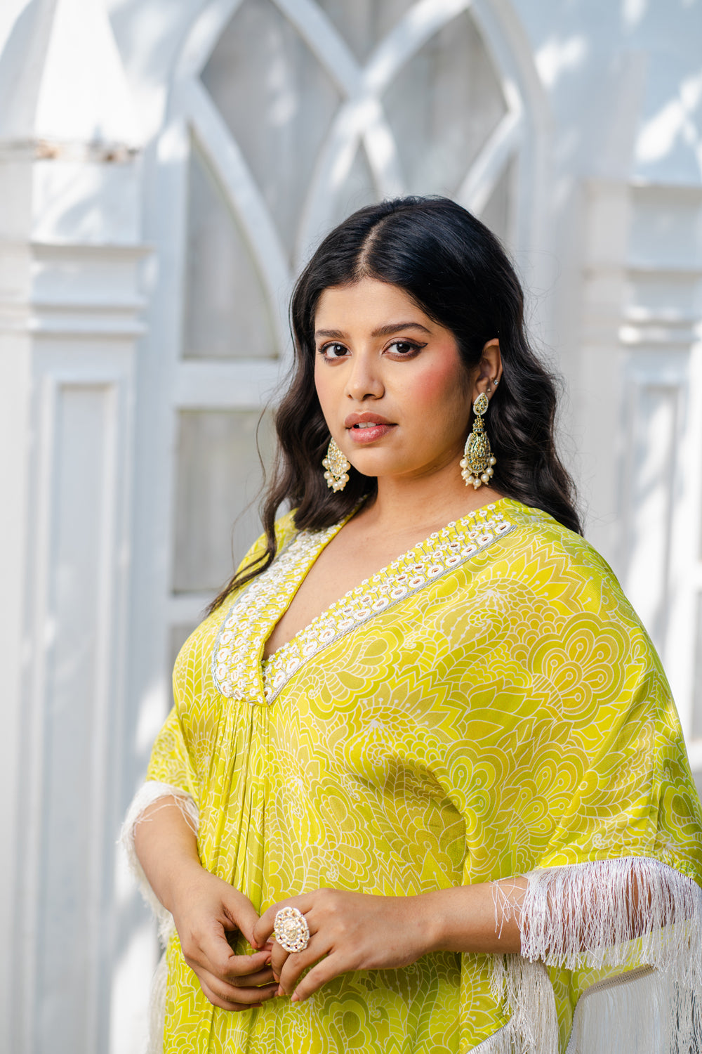 Lime Green Abstract Printed Kaftan Set