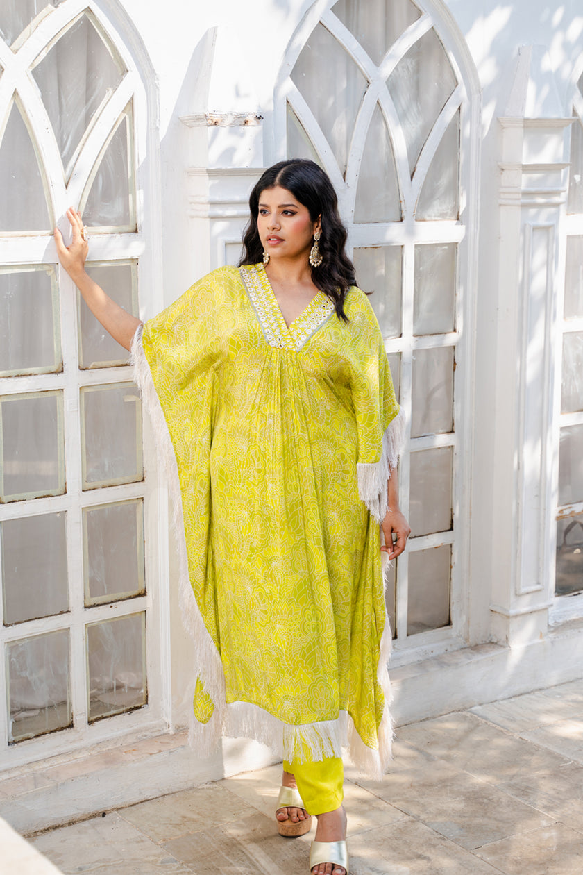 Lime Green Abstract Printed Kaftan Set