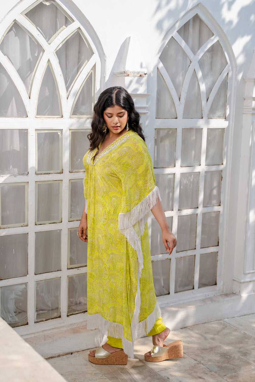 Lime Green Abstract Printed Kaftan Set
