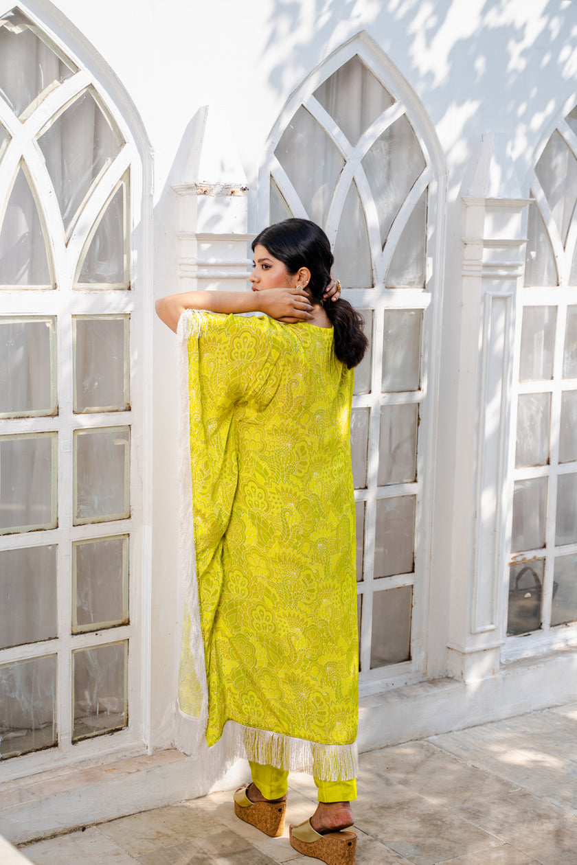 Lime Green Abstract Printed Kaftan Set