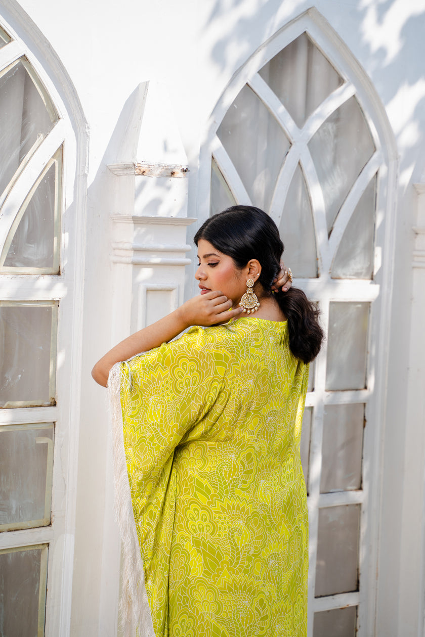 Lime Green Abstract Printed Kaftan Set