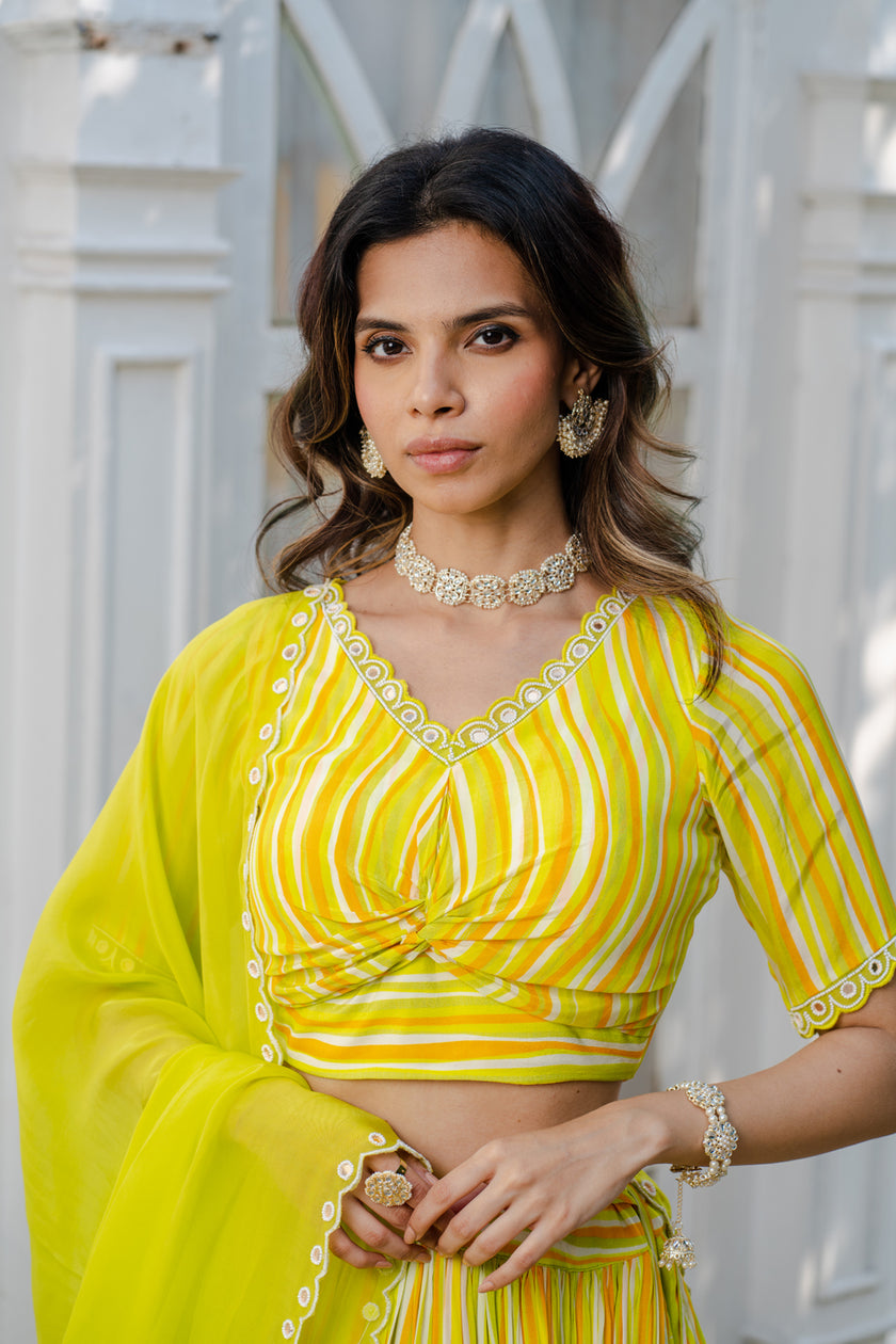 Lime Green Abstract Printed Lehenga Set