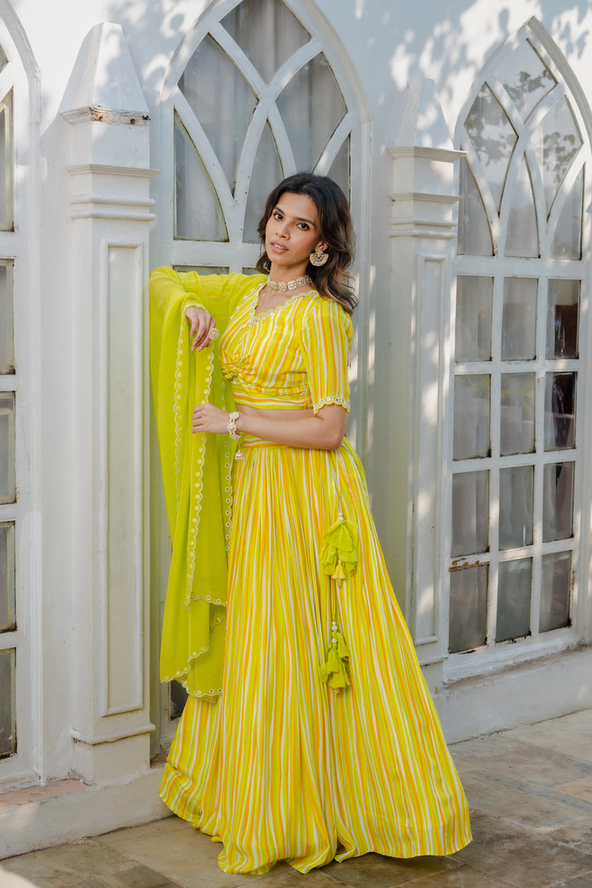Lime Green Abstract Printed Lehenga Set