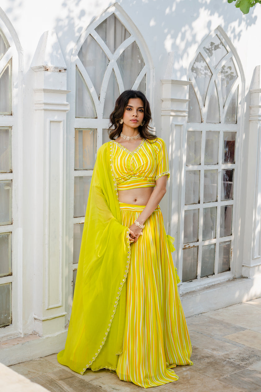 Lime Green Abstract Printed Lehenga Set
