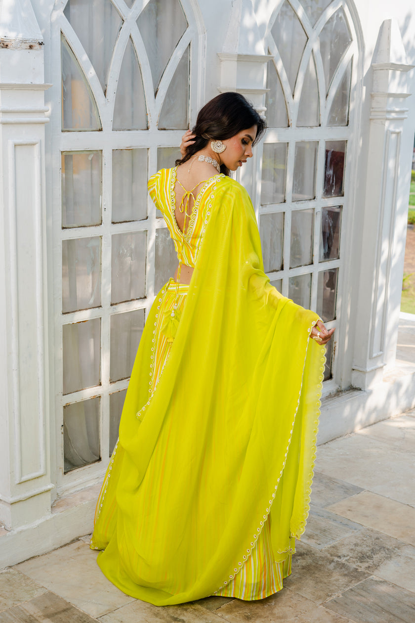 Lime Green Abstract Printed Lehenga Set