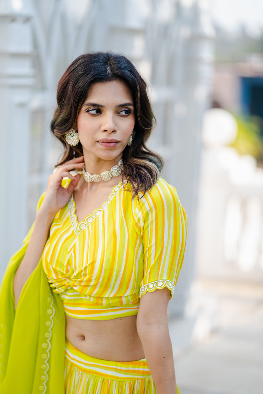 Lime Green Abstract Printed Lehenga Set