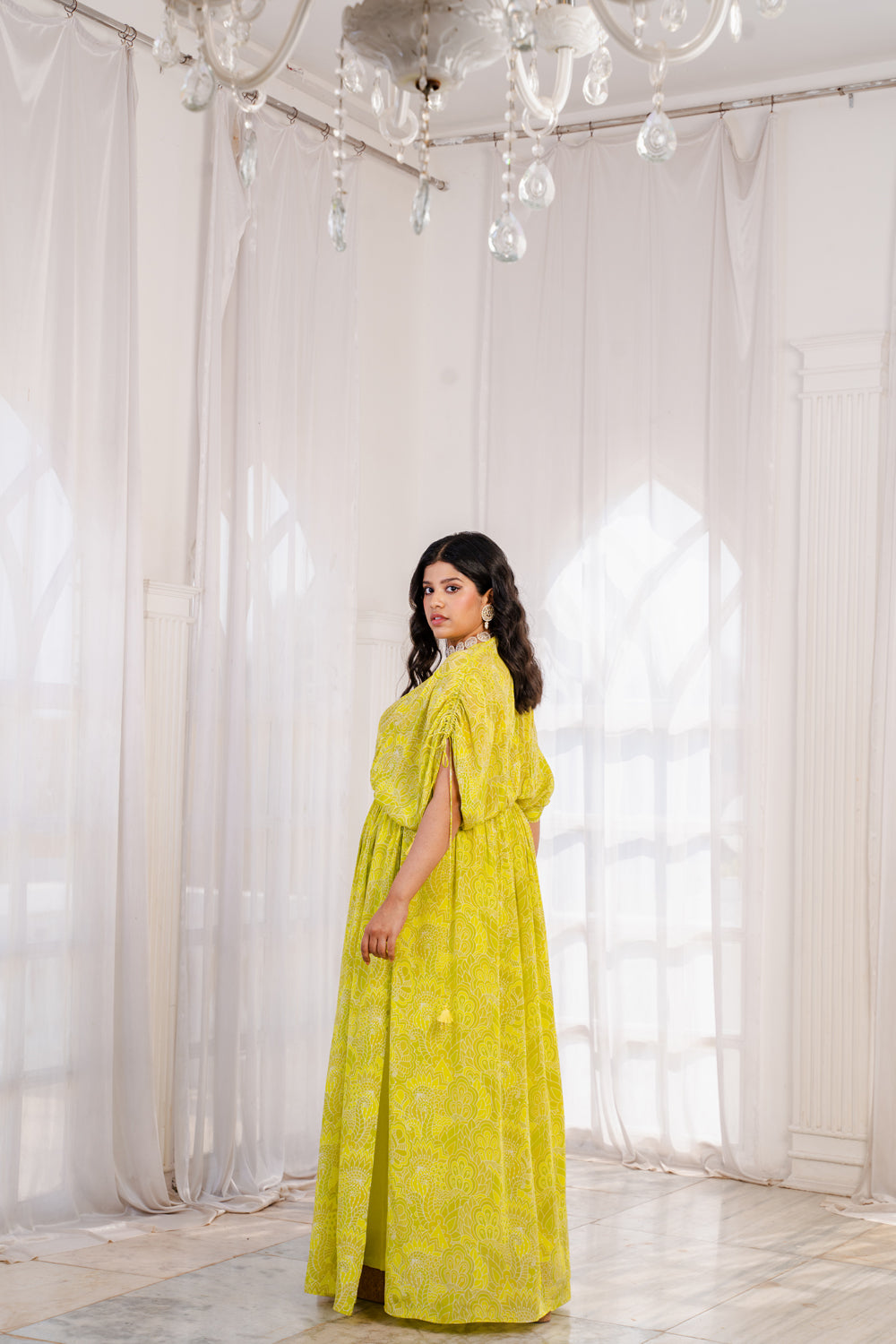 Lime Green Abstract Printed Long Kaftan with A-line pants