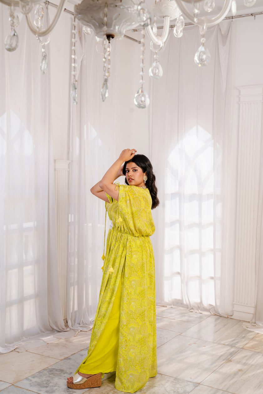 Lime Green Abstract Printed Long Kaftan with A-line pants