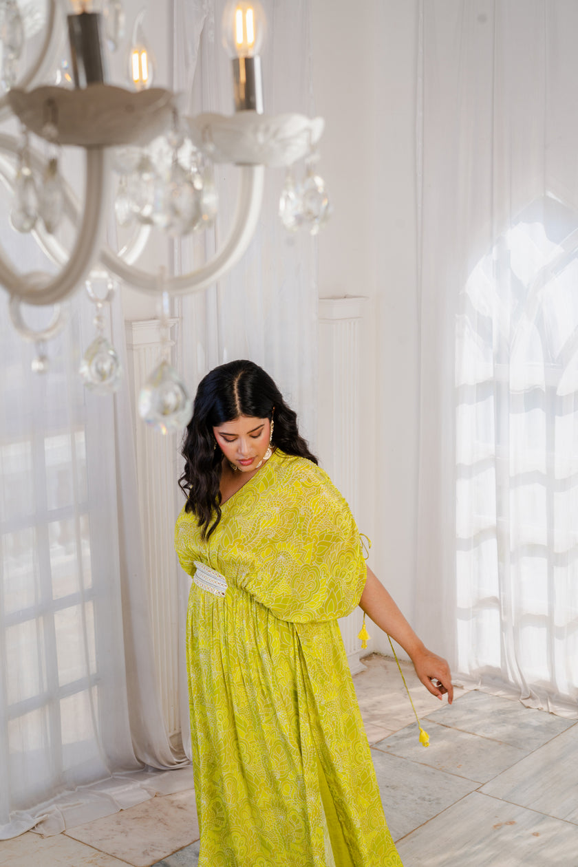 Lime Green Abstract Printed Long Kaftan with A-line pants