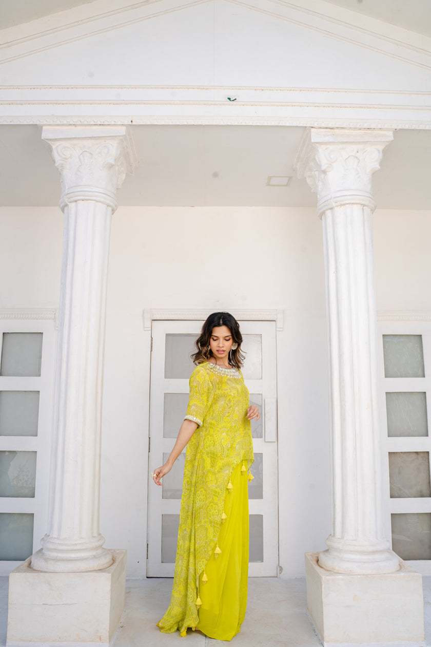 Lime Green Abstract Printed Top With Solid Dhoti Skirt.