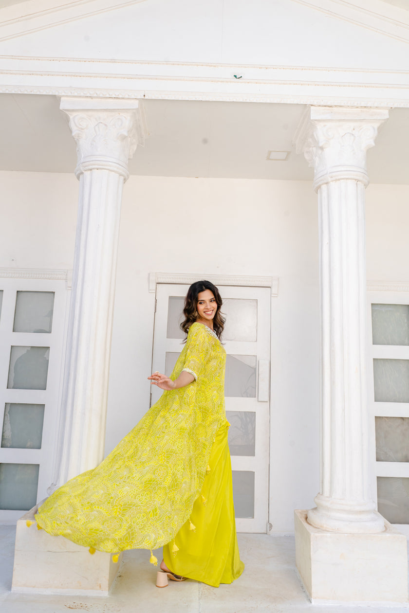 Lime Green Abstract Printed Top With Solid Dhoti Skirt.