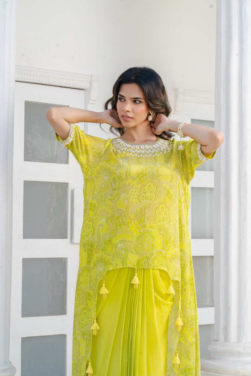 Lime Green Abstract Printed Top With Solid Dhoti Skirt.