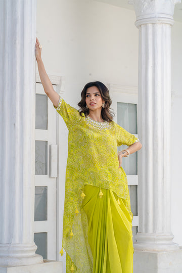 Lime Green Abstract Printed Top With Solid Dhoti Skirt.