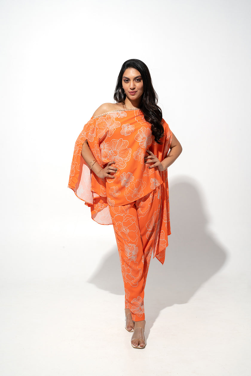 Orange floral printed off shoulder Co-ord set