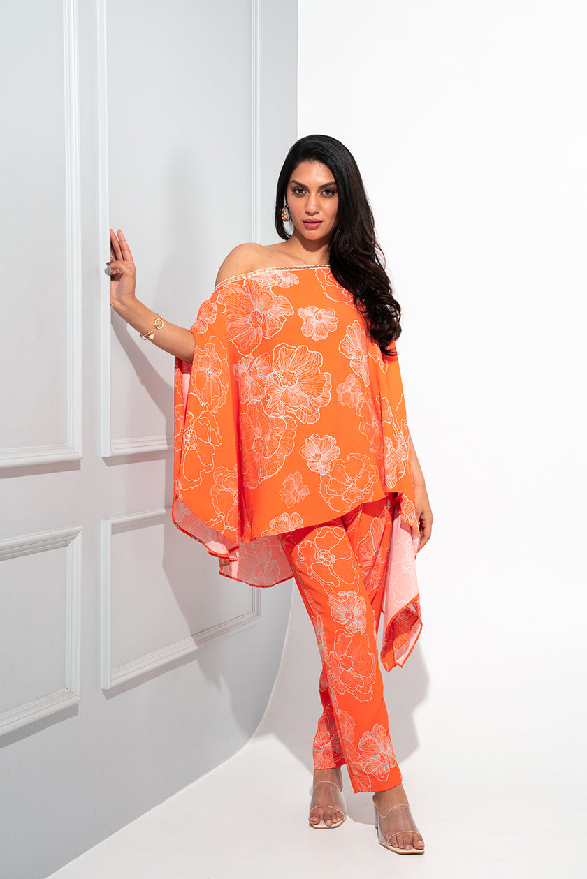 Orange floral printed off shoulder Co-ord set