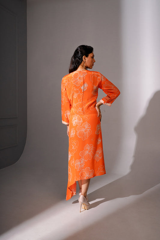 Orange Floral printed Midi Dress With Asymmetric Hemline