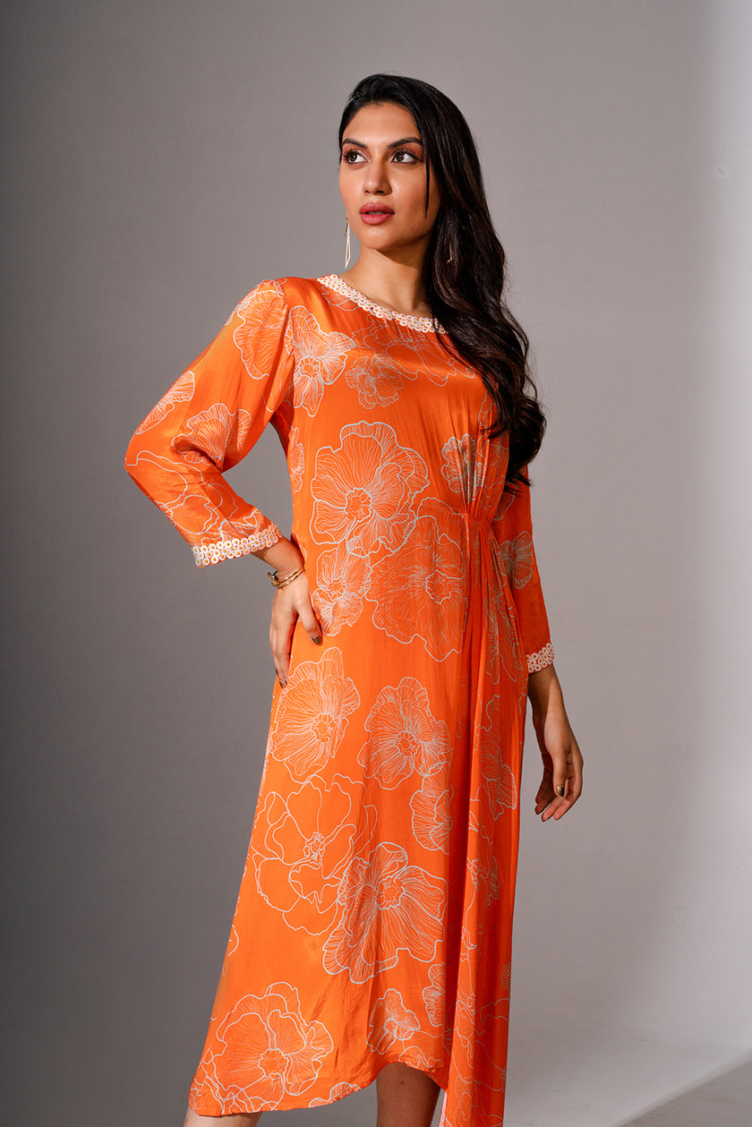 Orange Floral printed Midi Dress With Asymmetric Hemline