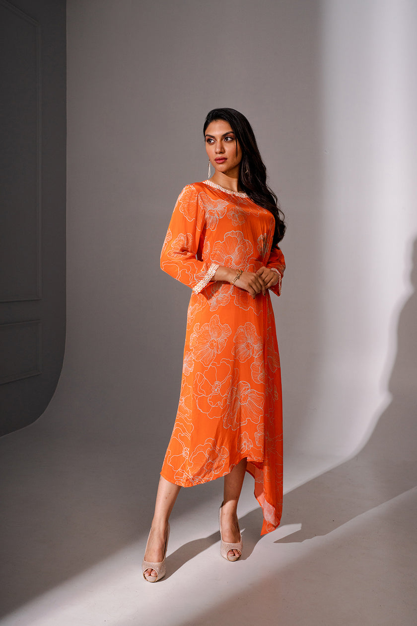Orange Floral printed Midi Dress With Asymmetric Hemline
