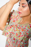 Mint Green Floral Midi Dress With Assymetric hemline