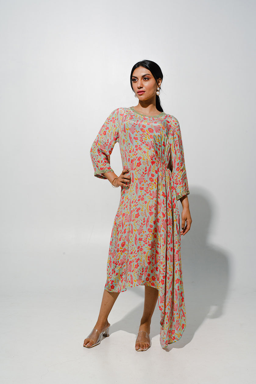 Mint Green Floral Midi Dress With Assymetric hemline