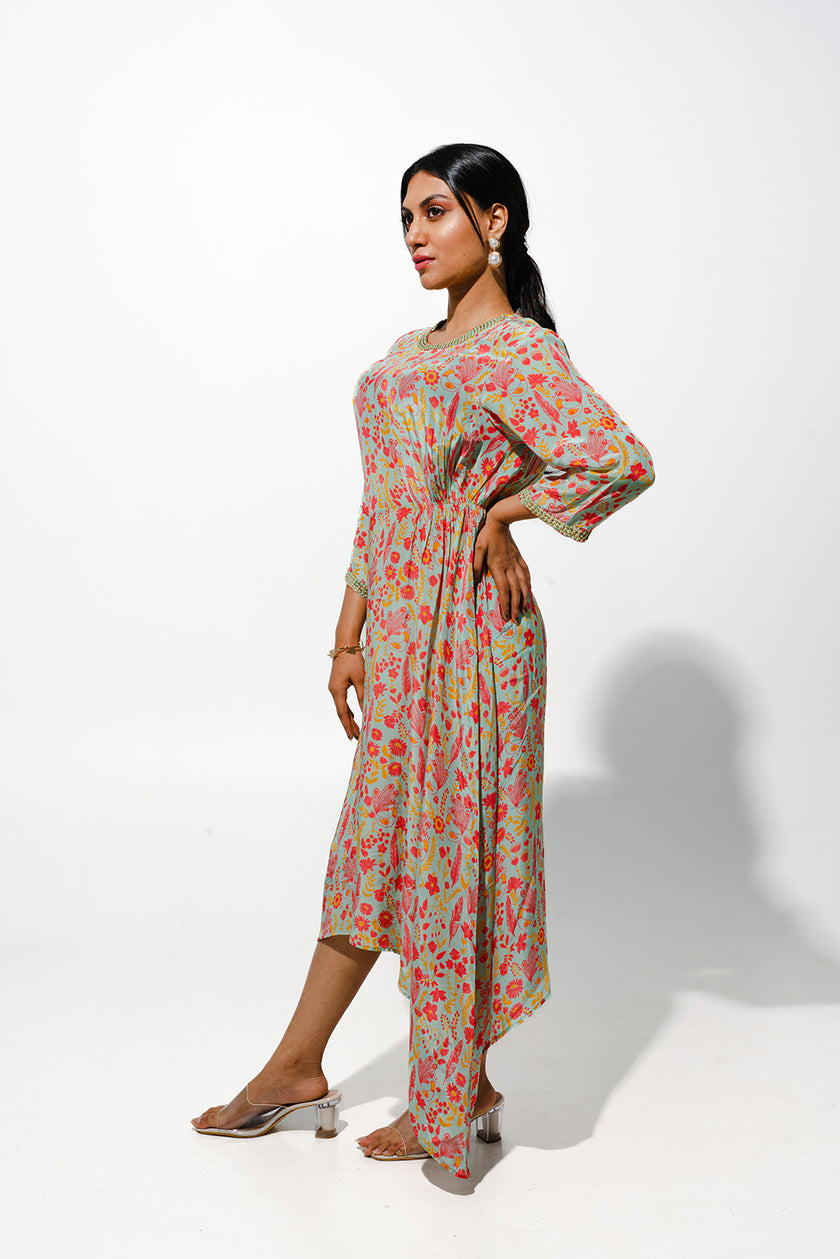 Mint Green Floral Midi Dress With Assymetric hemline