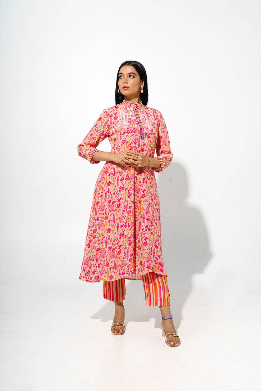Floral Print Kurta Set With Striped Silk Pants