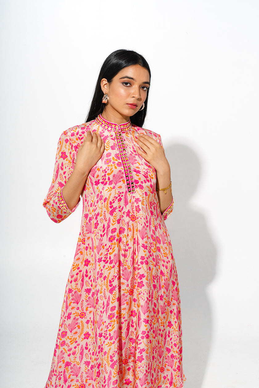 Floral Print Kurta Set With Striped Silk Pants