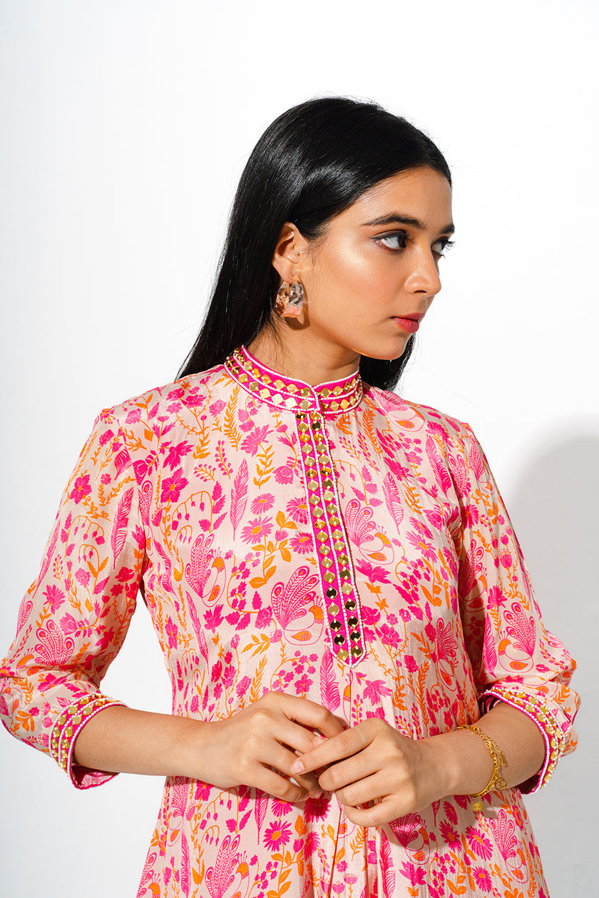 Floral Print Kurta Set With Striped Silk Pants