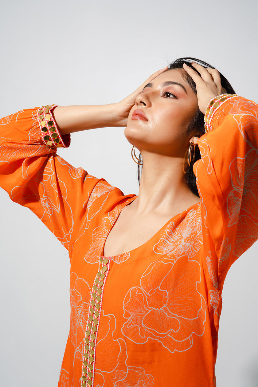 Orange Floral Print Kurta Set with High Low Hemline