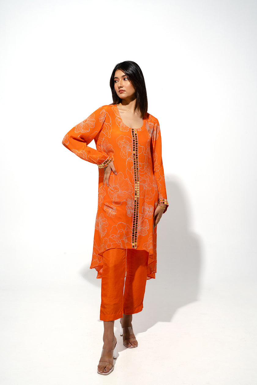 Orange Floral Print Kurta Set with High Low Hemline