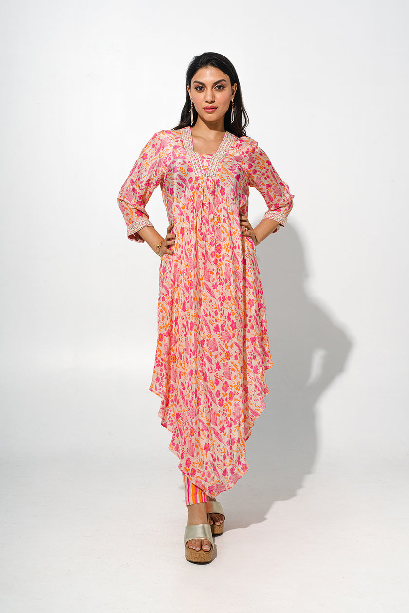 Floral Printed Kurta Set With Asymmetric Hemline