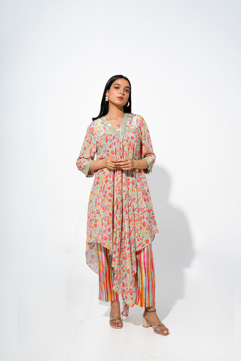 Floral Printed Tunic Set With Asymmetric Hemline