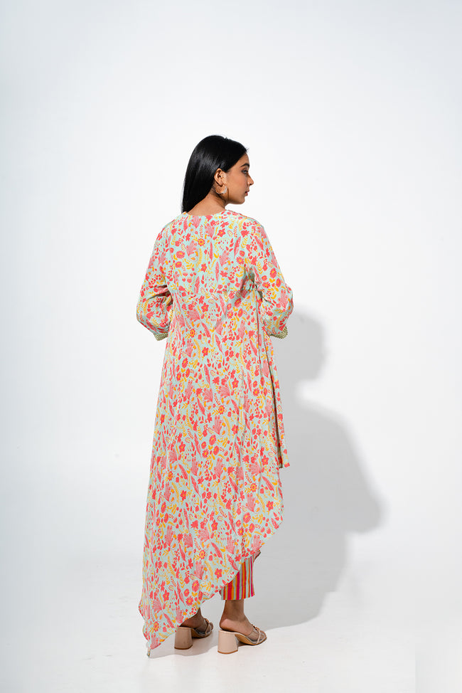 Floral Printed Tunic Set With Asymmetric Hemline