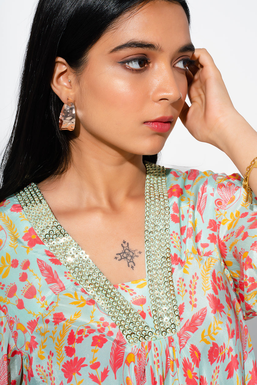 Floral Printed Tunic Set With Asymmetric Hemline