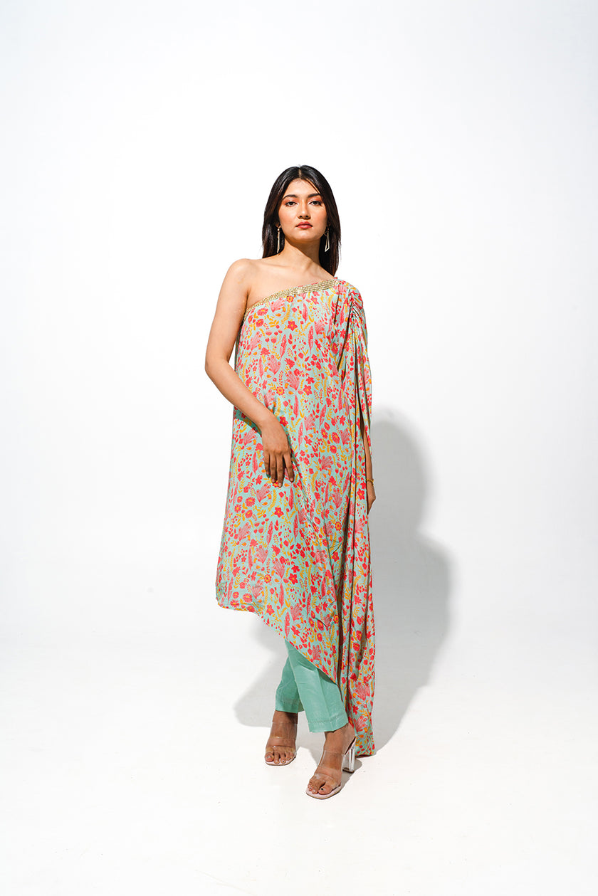 One Shoulder Floral Printed Tunic Set