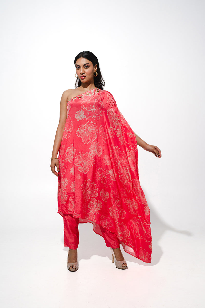 One Shoulder Floral Printed Tunic Set