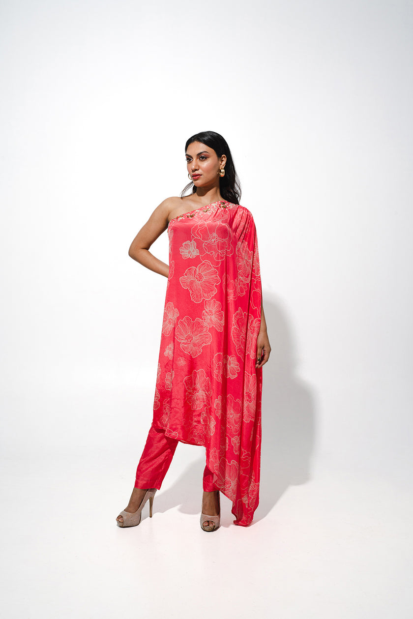 One Shoulder Floral Printed Tunic Set