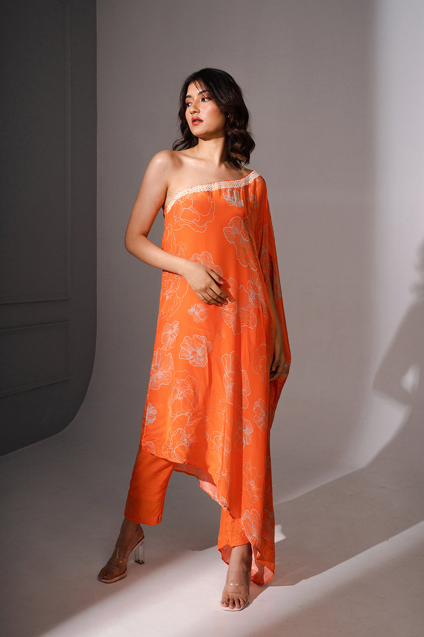 One Shoulder Floral Printed Tunic Set