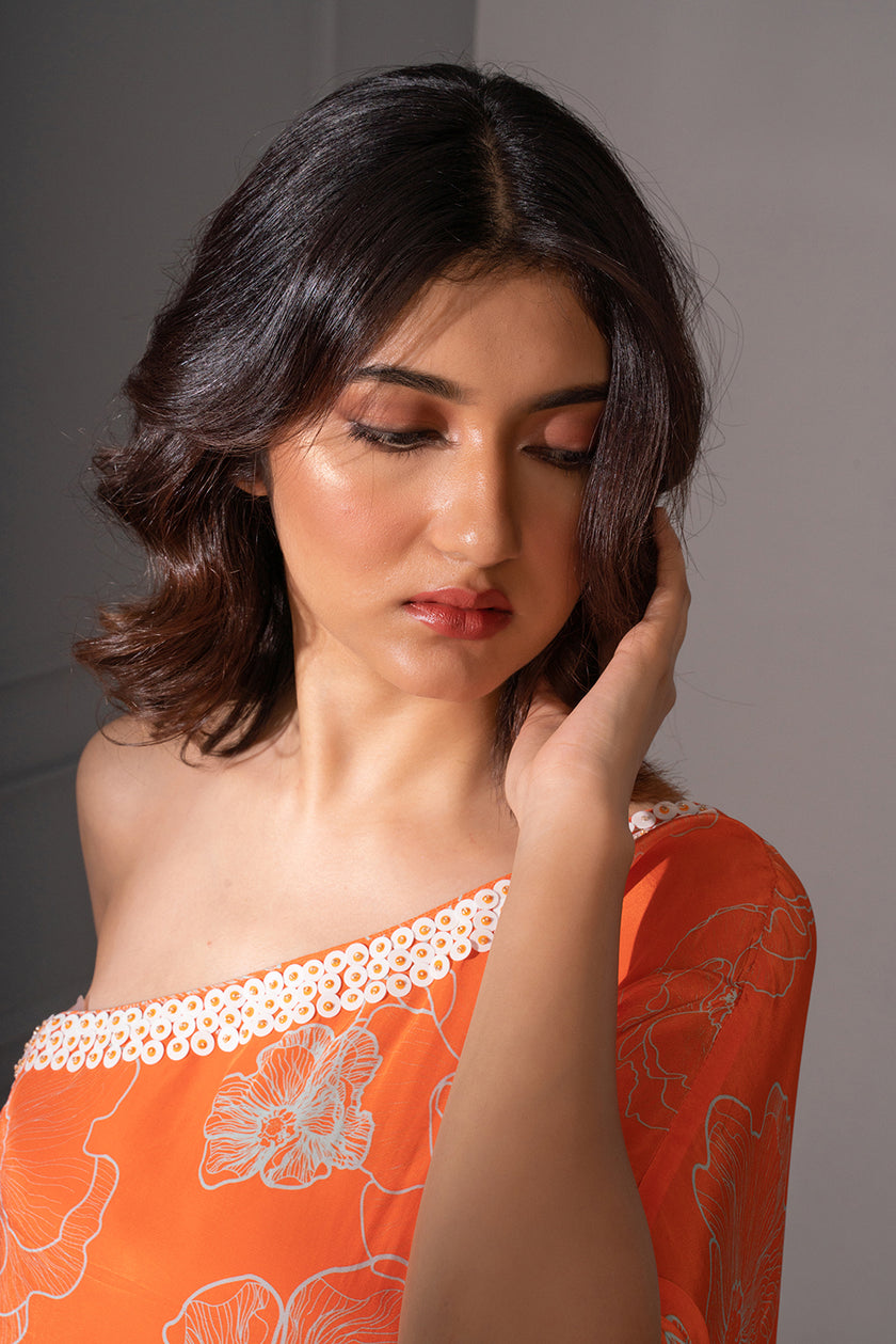 One Shoulder Floral Printed Tunic Set