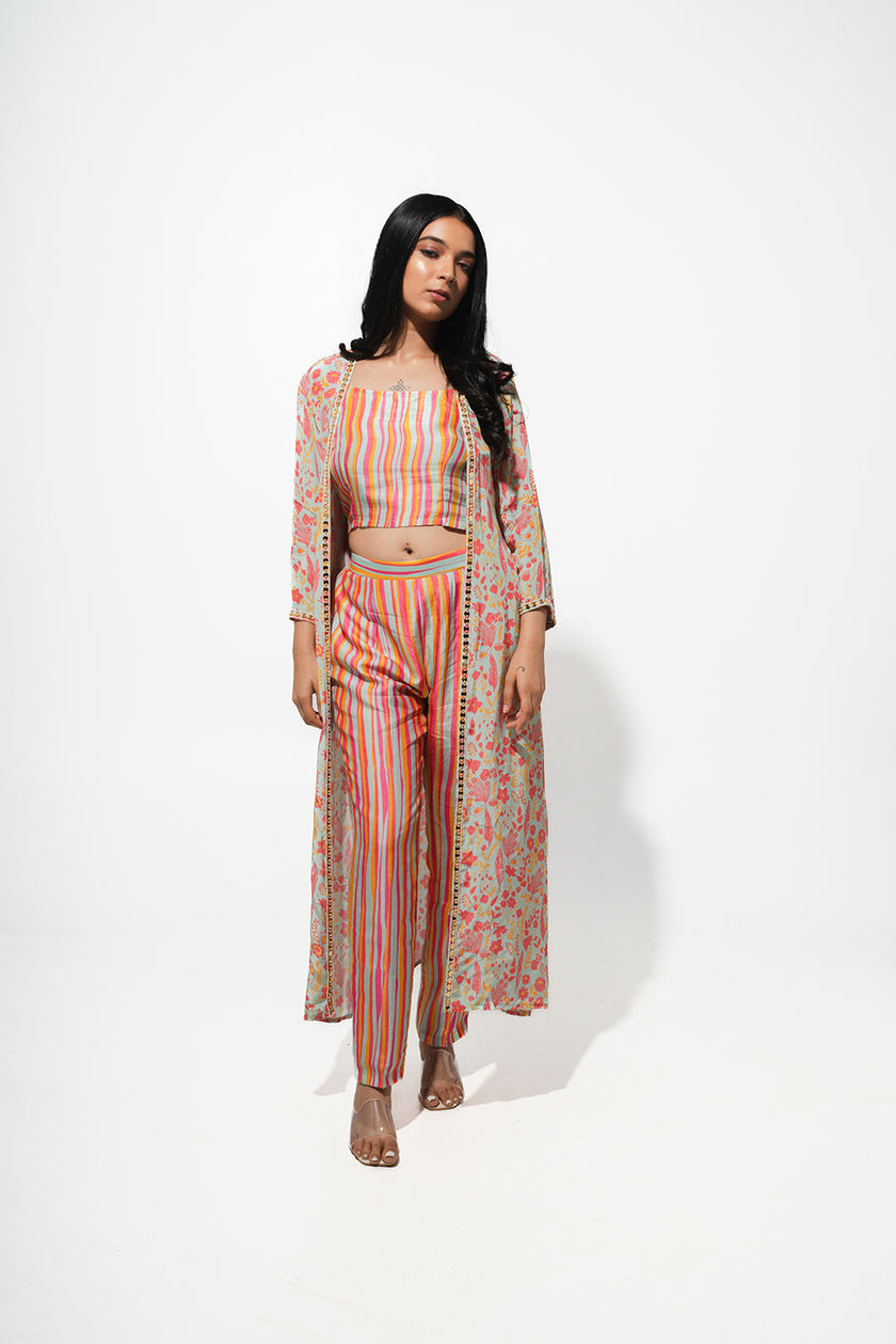 Floral Printed Jacket Set With Cropped top and Pants