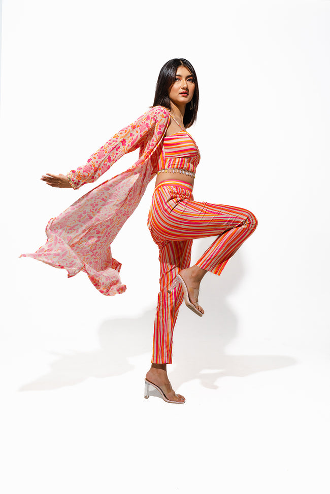 Floral Printed Jacket Set With Cropped top and Pants