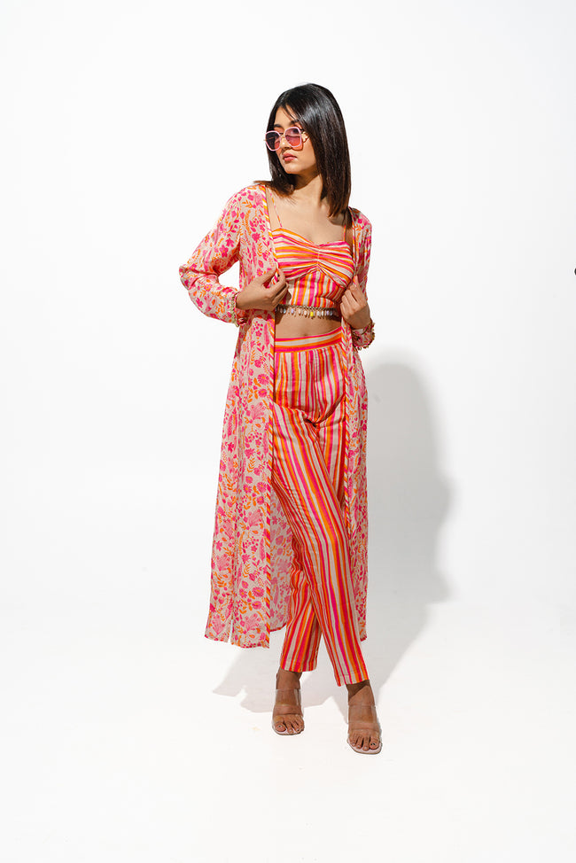 Floral Printed Jacket Set With Cropped top and Pants