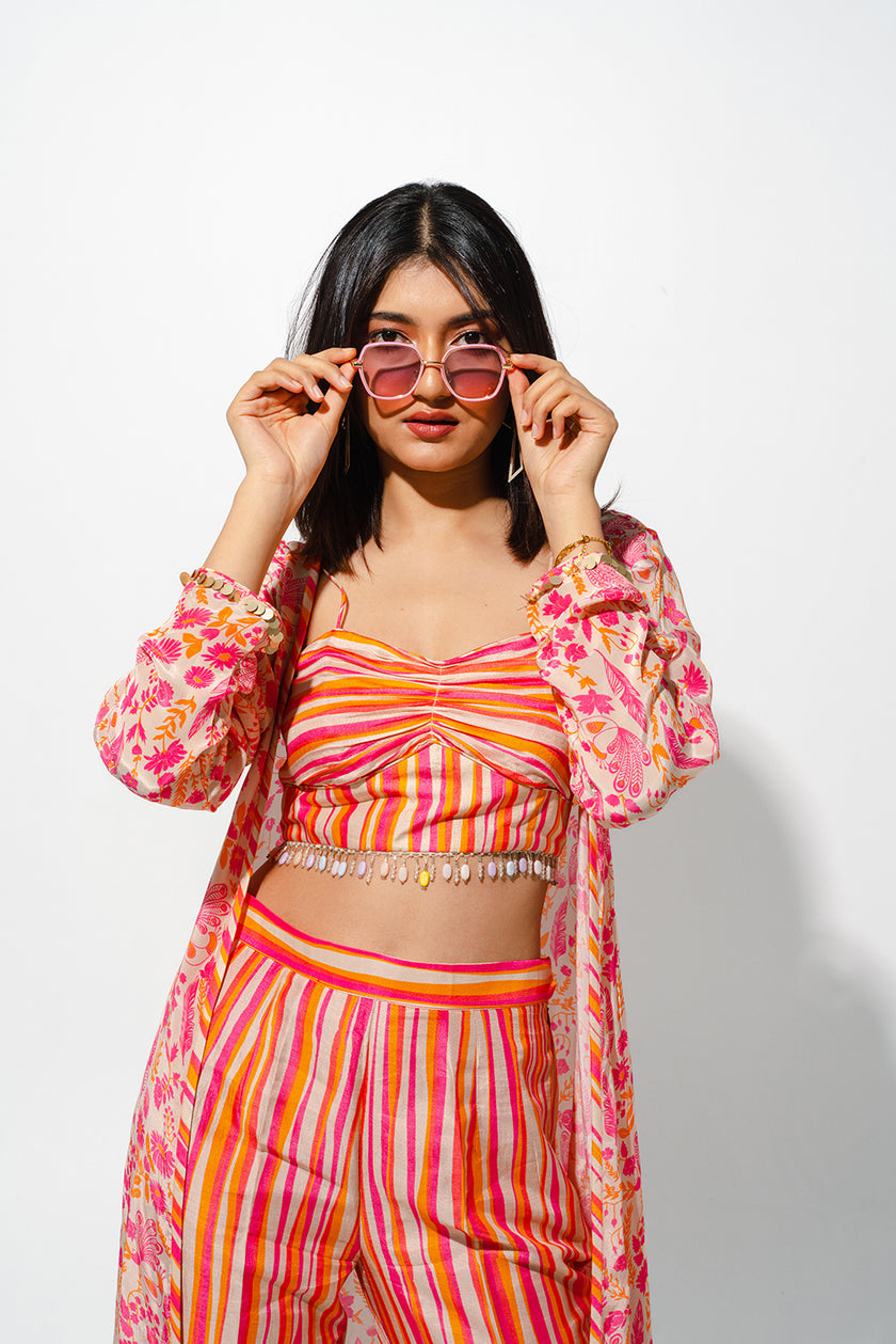 Floral Printed Jacket Set With Cropped top and Pants