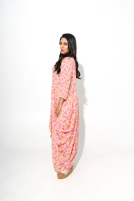 Floral Printed Long Dress With Cowl Detailing