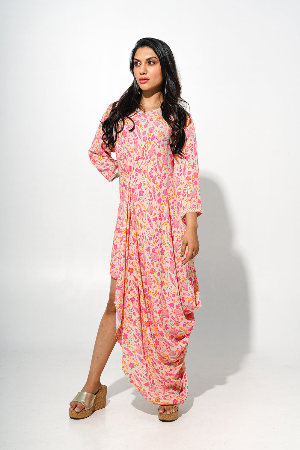 Floral Printed Long Dress With Cowl Detailing