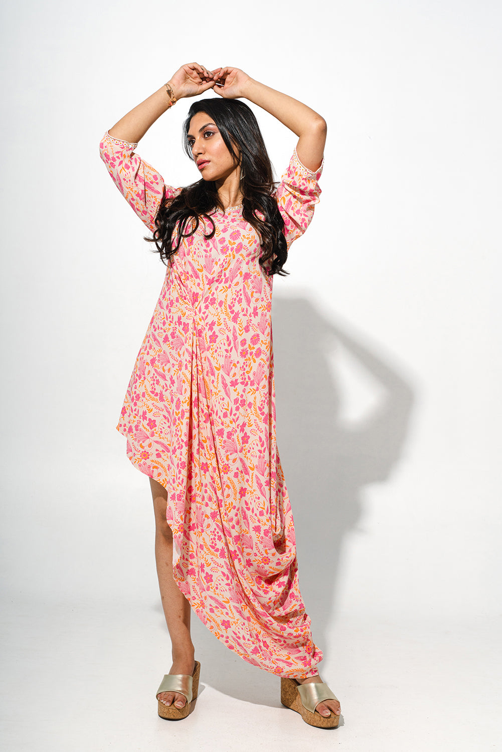 Floral Printed Long Dress With Cowl Detailing