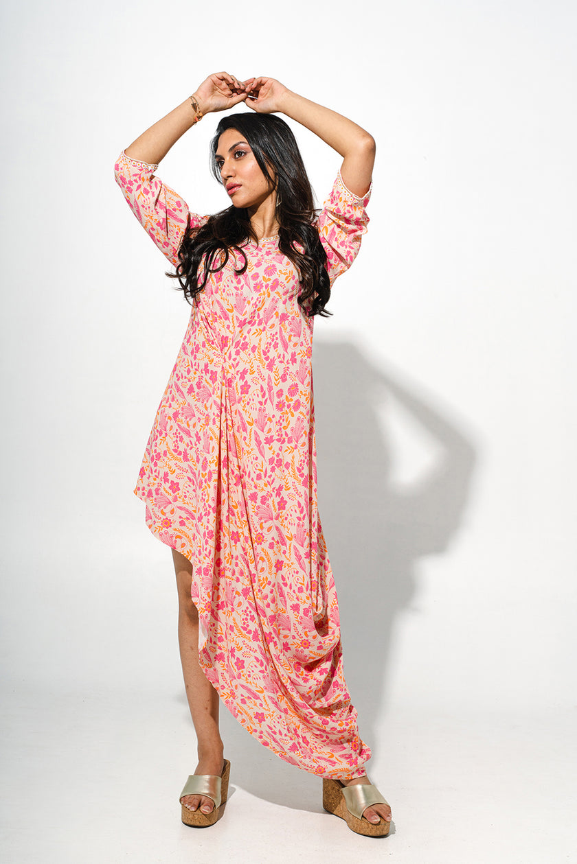 Floral Printed Long Dress With Cowl Detailing