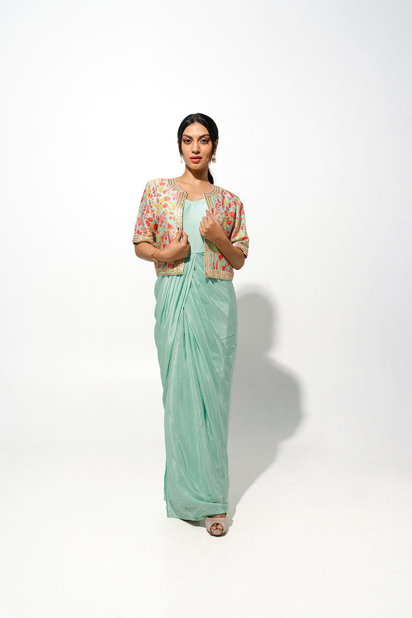 Long Drape Dress With Floral Printed Jacket